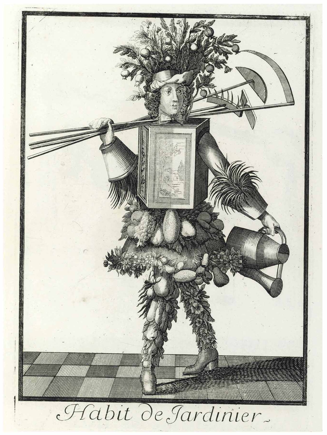 Habit de Jardinier, an 18th-century engraving of a gardener dressed in garden tools